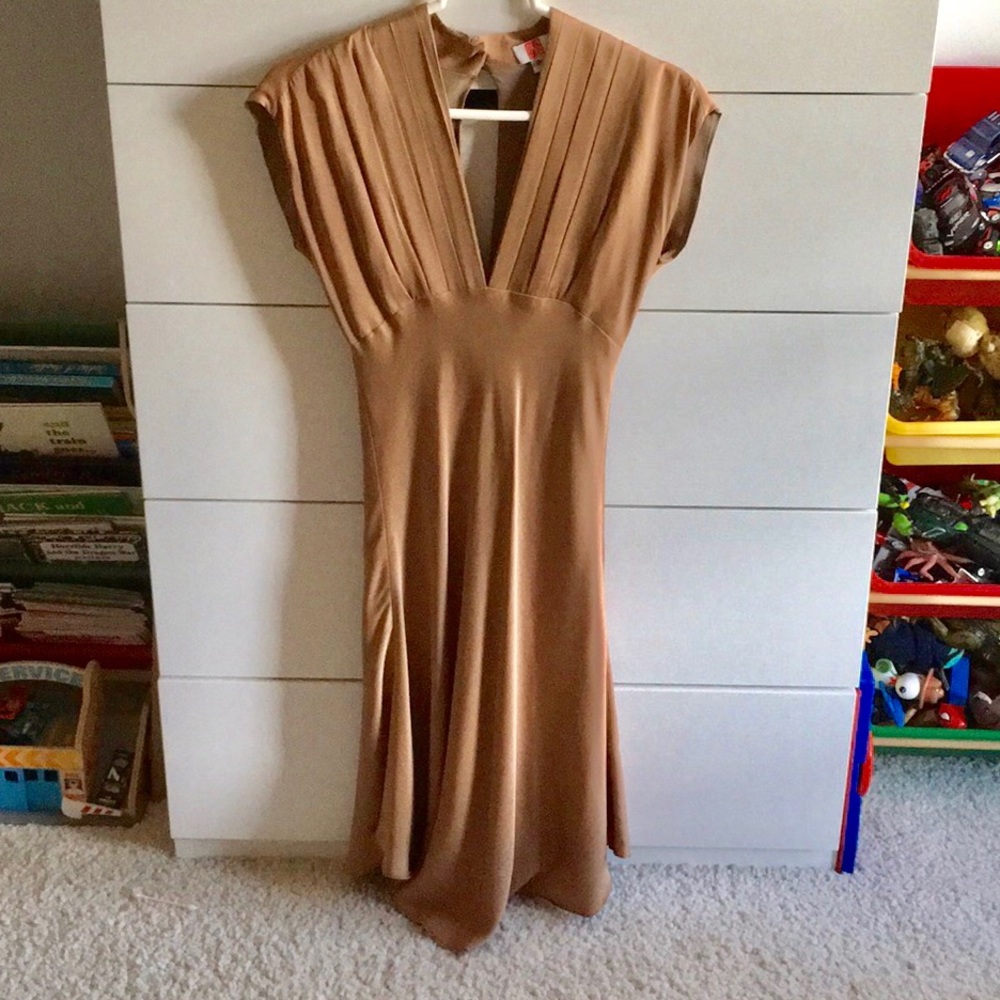 ONG beige silk dress gathered empire waist, Size 0